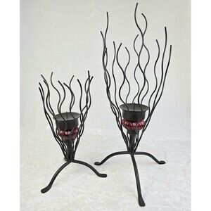 Modern Wrought Iron Candle Holders Set Red Glass Accent Sculptural Art Decor